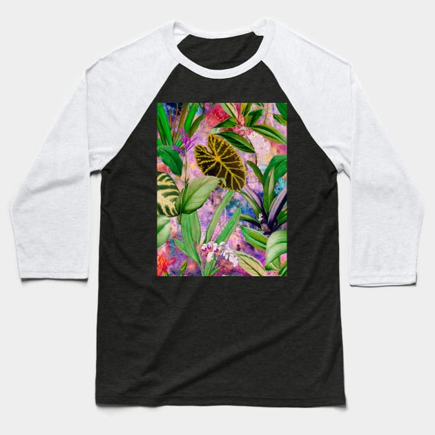 Tropical tropical floral leaves and foliage botanical illustration, pink purple leaves pattern over a Baseball T-Shirt by Zeinab taha